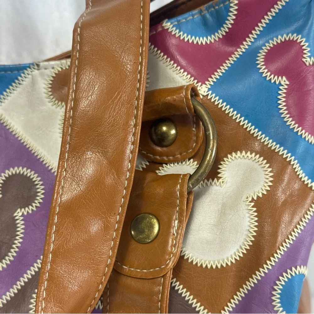 Disney Parks Mickey Mouse Multicolor Patchwork Tote Hobo Sa Bag with Brown Trim - Picture 2 of 14